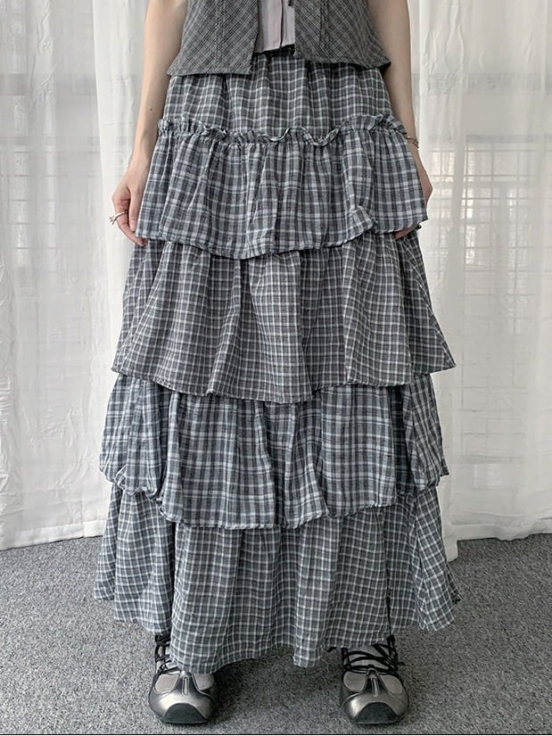 Two Tone Plaid Layered Ruffle Skirt - Solkatt