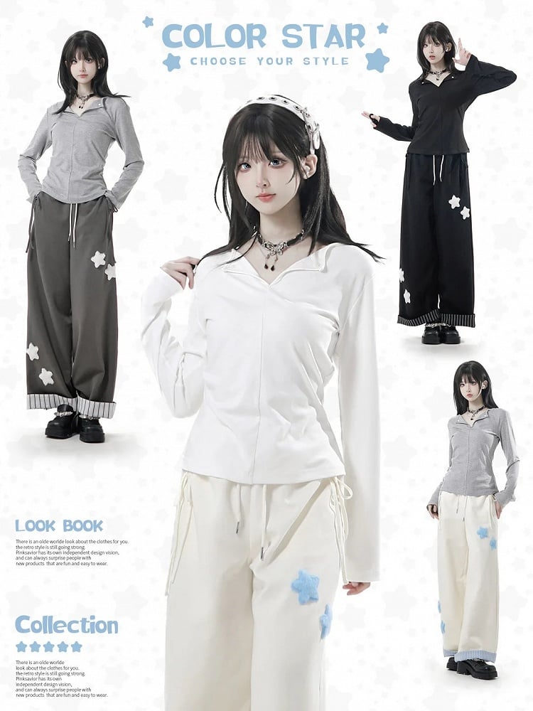 Long V-Neck Black Sleeves Reversed White Gray in Top /