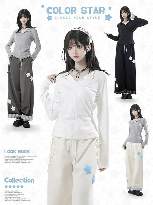 Long V-Neck Black Sleeves Reversed White Gray in Top /