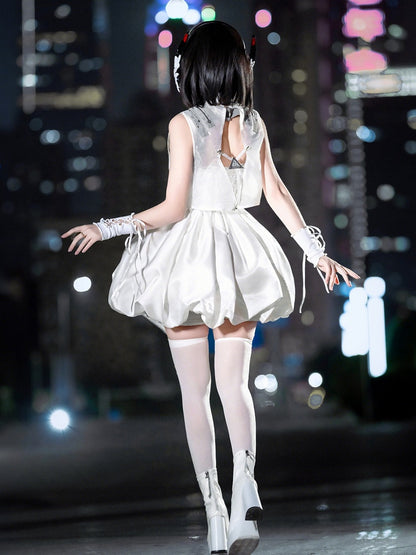 Cyberpunk White Bubble Dress and Cropped Vest Set - Xiong Dou Jiang