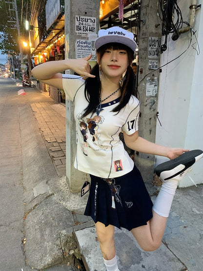 Print White T-Shirt Stripe Details Character with and