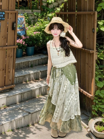 Floral Accent Beige Vest Hollow-Out Lace