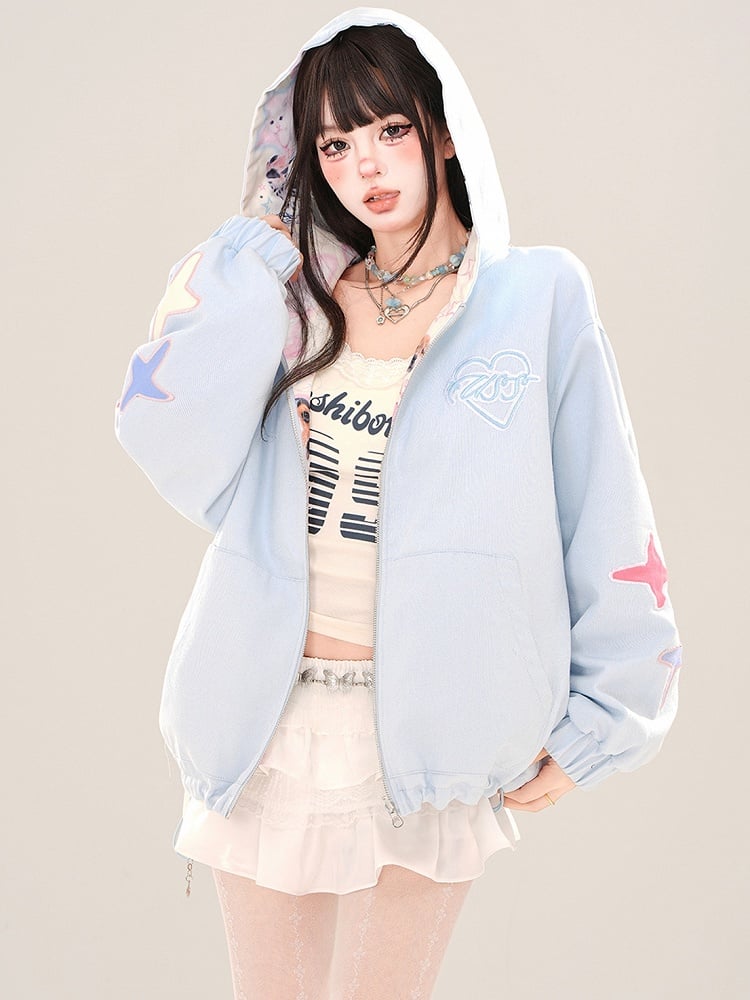 Blue Cute Puppies Pattern Reversible Zip Hoodie