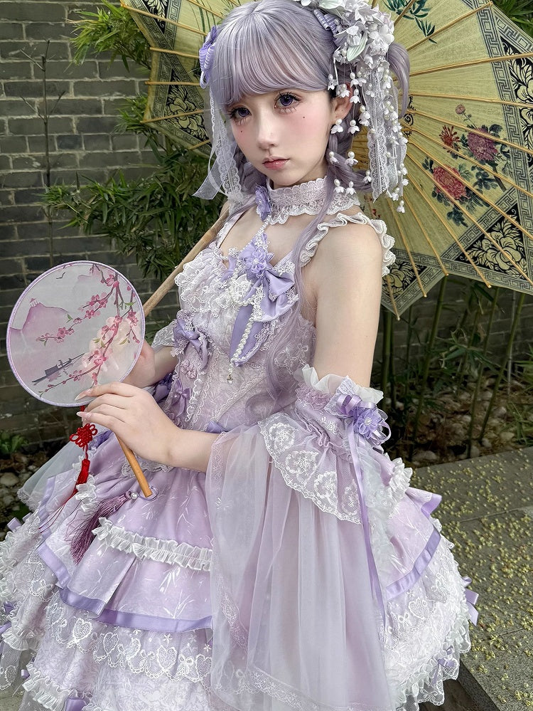 und Ketten Kleid Blume Lolita Taille Qi Korsett Schleife Perle Lila Akzente