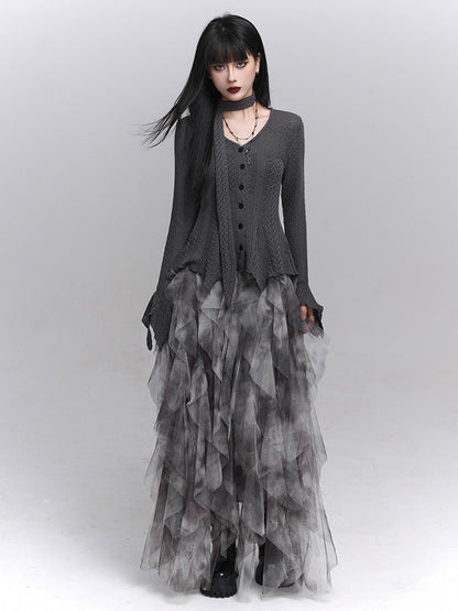 with  Gray Cascading Ruffles Skirt Tulle Asymmetrical Gothic