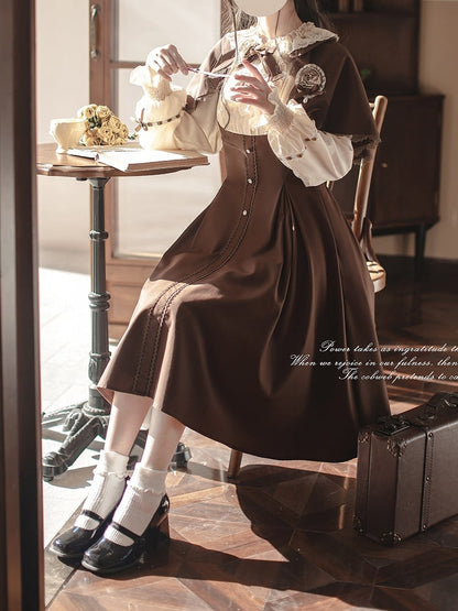Lolita Two-Piece Brown Elegance OP: with Faux Cape Academic Detachable Vintage