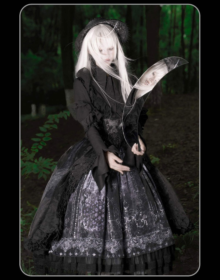 Sleeves Collar Lolita Long Shirt with Ruffles Black Sharp Gothic