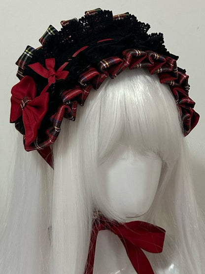 Plaid BlackRed Details Hairband Pattern Ruffled Bowknot