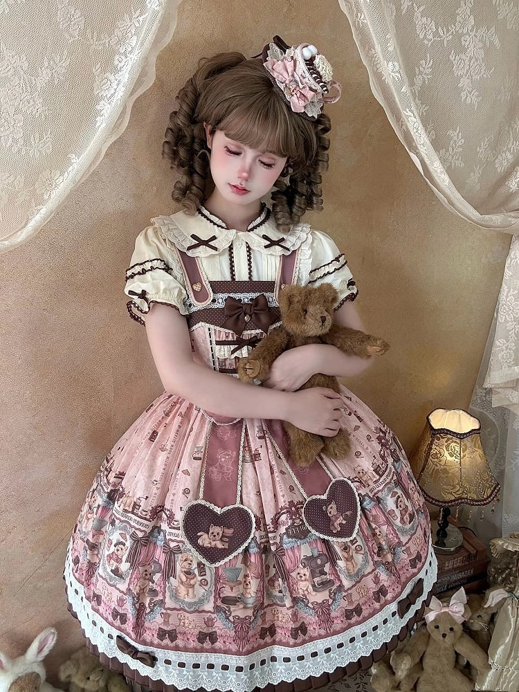 Puppy Coffee Shop Print Pink Sweet Lolita JSK Dress - Stars Fall on the Foggy Island