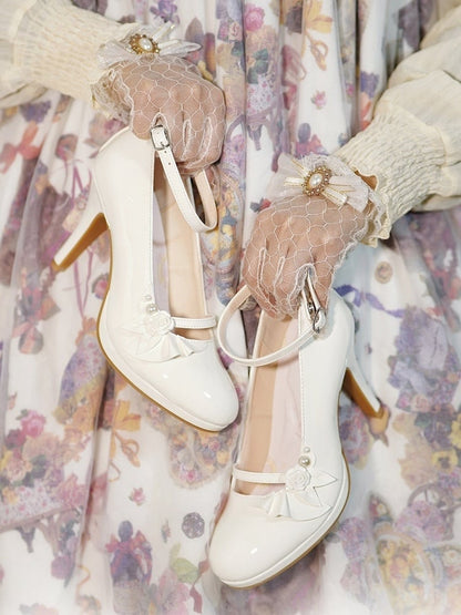 with White - Lolita Embellishments Elegant Mary Janes Design High-heel Rose Ruffle