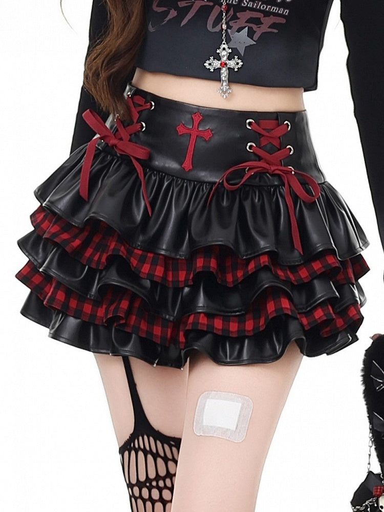PU Tiered Plaid Punk Red Mini Black Skirt with Lacing Crisscross