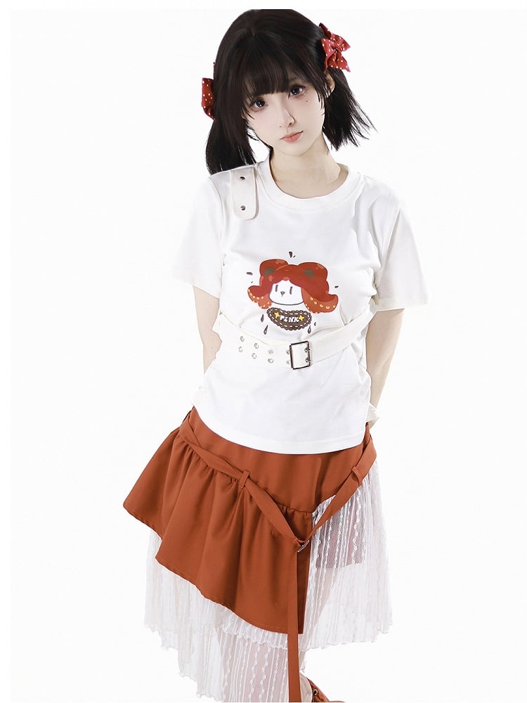 取り外し可能なバックルストラップ付きホワイトカートゥーンプリントTシャツ