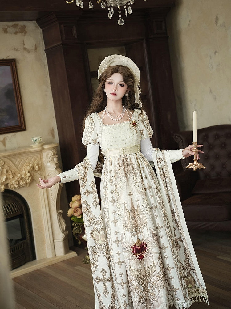 Gold Cross Pattern Gothic Lolita Empire Dress Set - Unknown Star