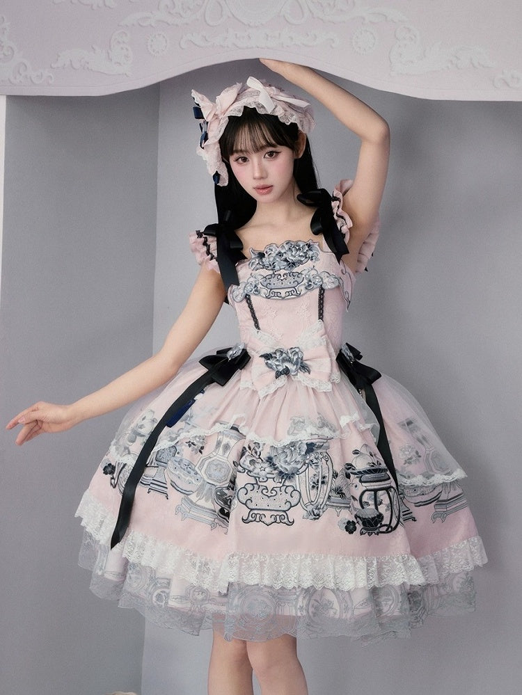Elegant Pink Porcelain Lolita JSK with Flutter Sleeves & Floral Embroidery - Yimu Walnut