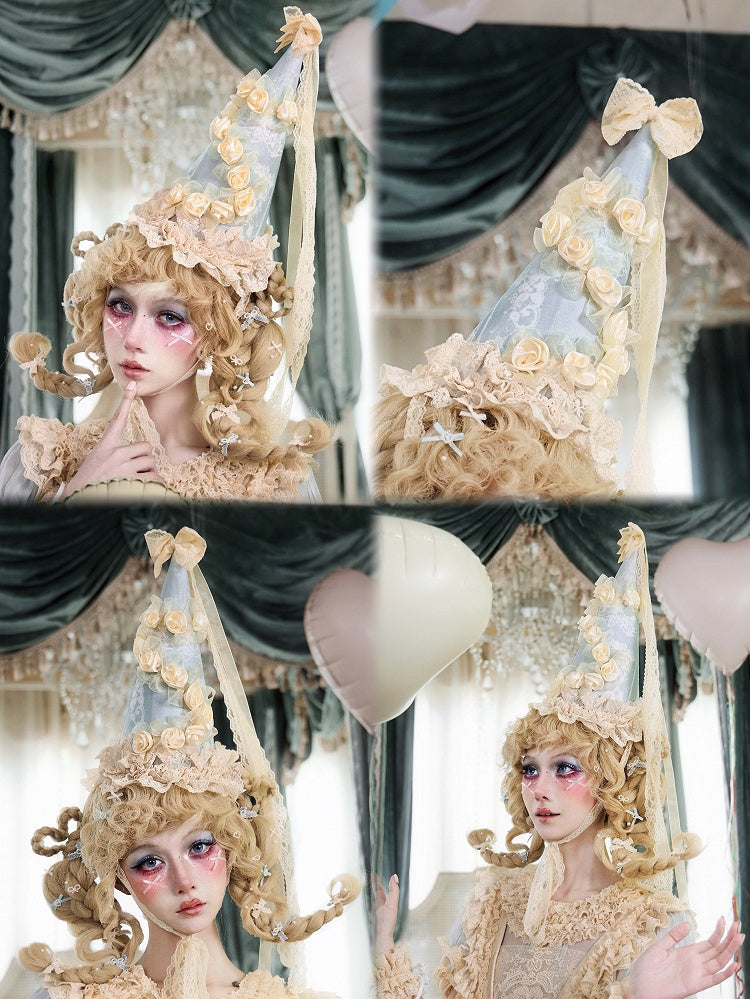 Apricot Satin Rose & Lace Bow Cone Hat with Blue Print Accents - Blood Supply