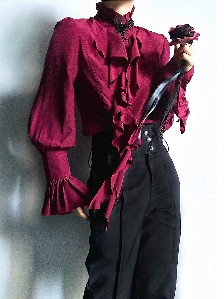 Poet Accents Lolita Vintage Sleeves Unisex Cascading Ouji with Ruffle Shirt Red