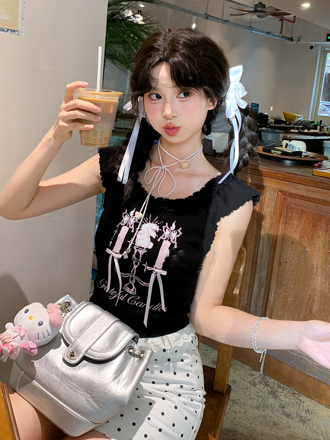 トップタンク ブラック キャンドルスティックプリント レーストリム ビタースウィート