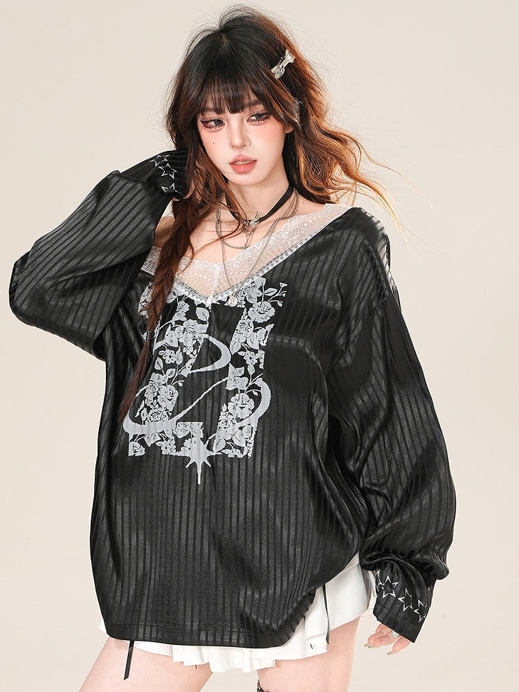 Striped Bittersweet Trim Glamorous Black Core Long Sleeves Top Blokette Print Floral Lace