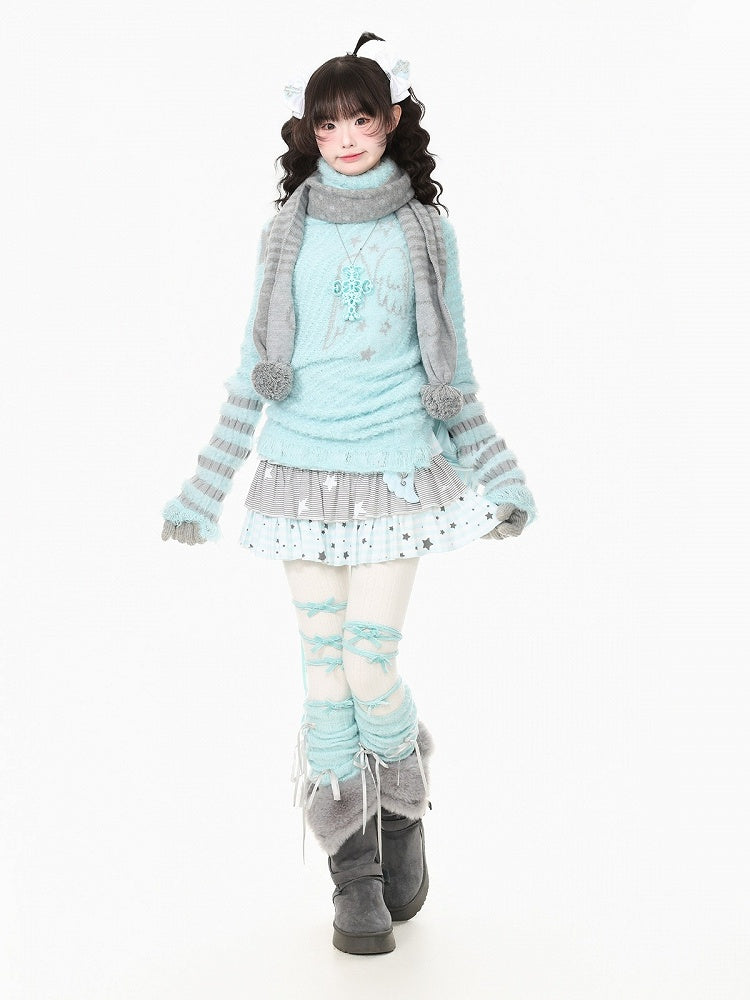 Cool Season Kawaii Blue Asymmetric Faux Mohair Star Wing Sweater - Languid Park