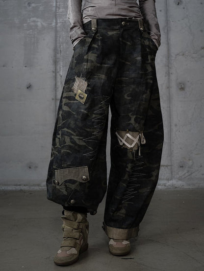 Pants Cargo Zigzag Punk Deconstructed with Camo Embroidery Vintage Design