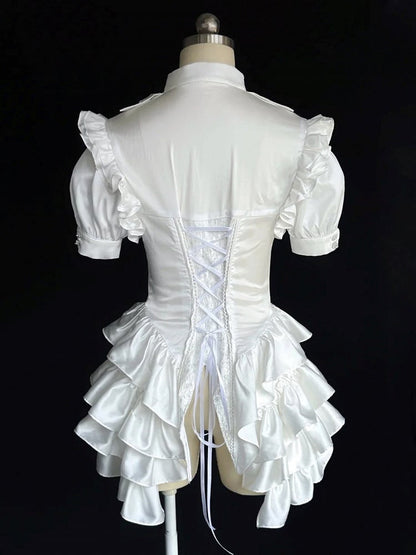 王子様のオールホワイトロリータレイヤードスリーブフリル王子様のフリル裾ボディスシャツショート