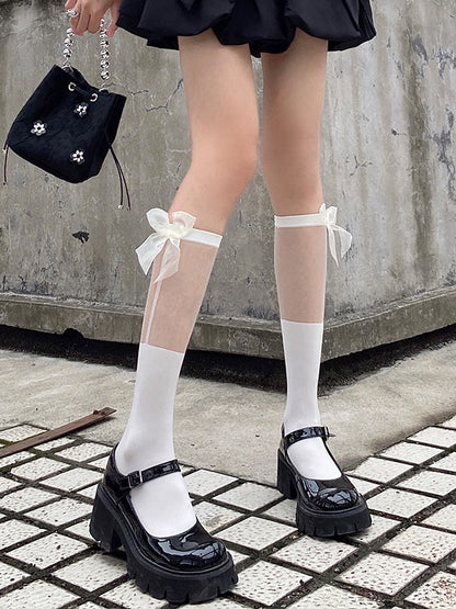 Mesh White/Black Bow Lace Decorations with Socks Calf