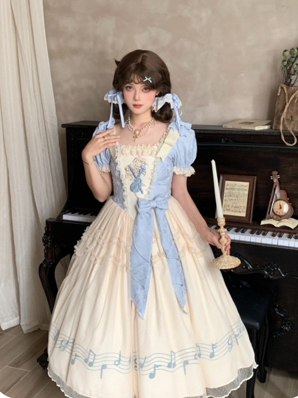 Dress Blue Version Print Lolita Elegant Note Beige Lace Violin Classic with Embroidery Long Musical