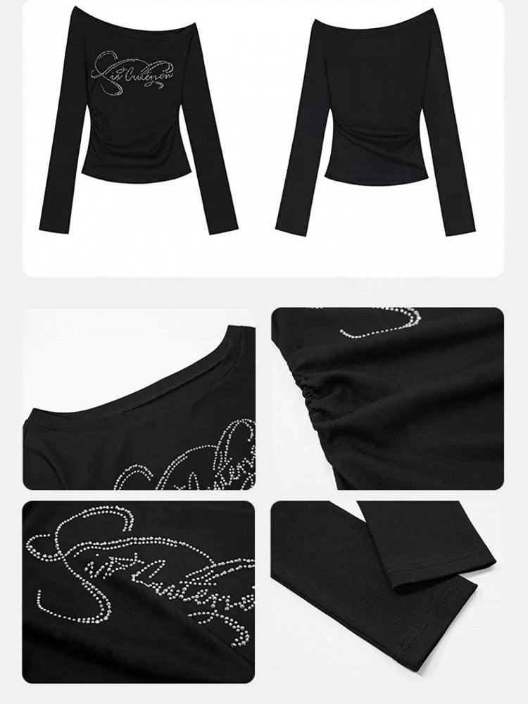 Asymmetrical Shoulder Long Sleeve Top with Rhinestones