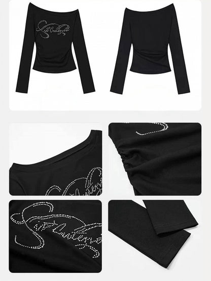 Asymmetrical Shoulder Long Sleeve Top with Rhinestones