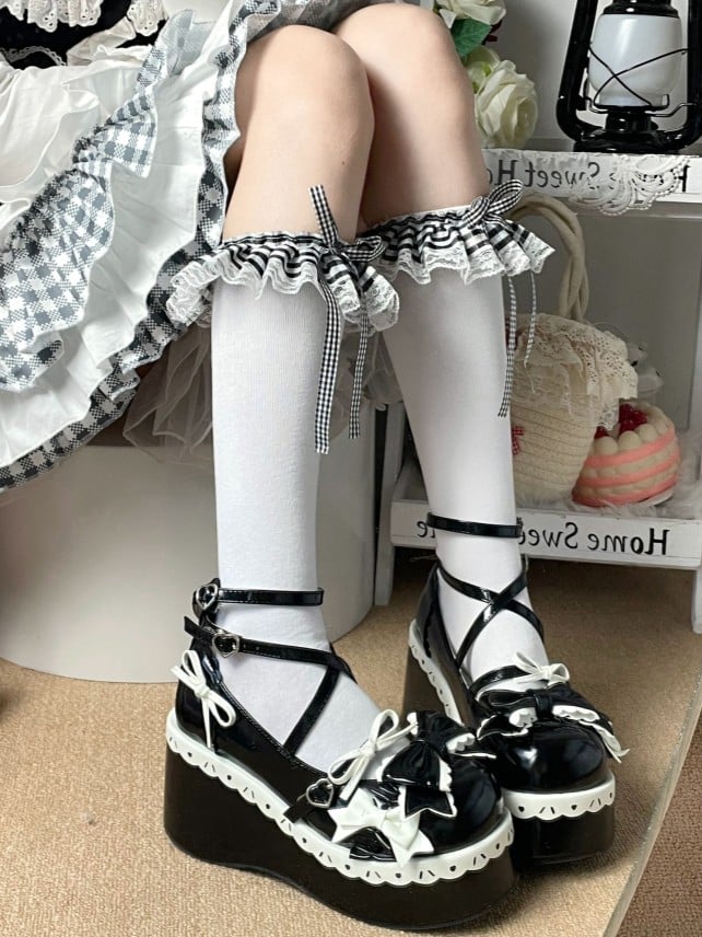 Calf White Cuff 2 Plaid Socks Pattern Options Black Ruffled
