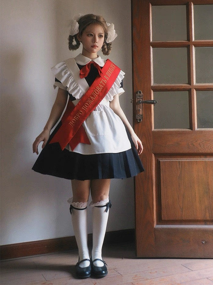 + Sleeves Full Pleated Ribbon Black with Tie Embroidered Dress Apron Short Maid Red Bow Lolita Set