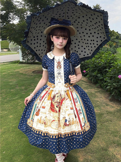 Short Dark Blue Musical Print Peter Pan Collar OP Dress with Tassels - Crucis Universal Tailor Company
