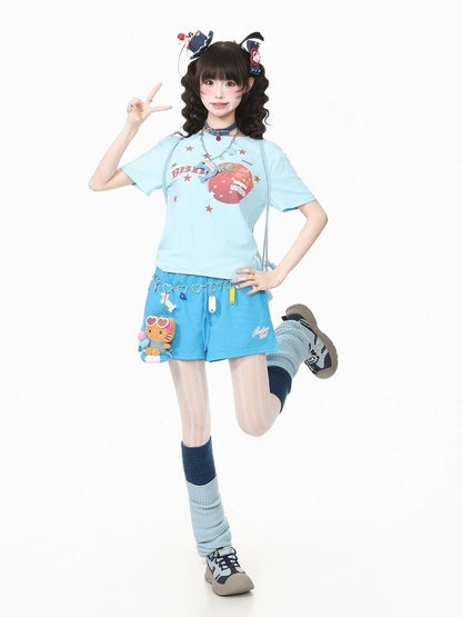 Adorable Blue Letter-Printed Drawstring Summer Shorts - Languid Park