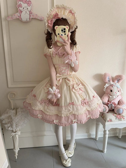 Scalloped Edge Scool Lolita Cotton Yellow Skirt Accents Pink Dress and Bow Old Trim