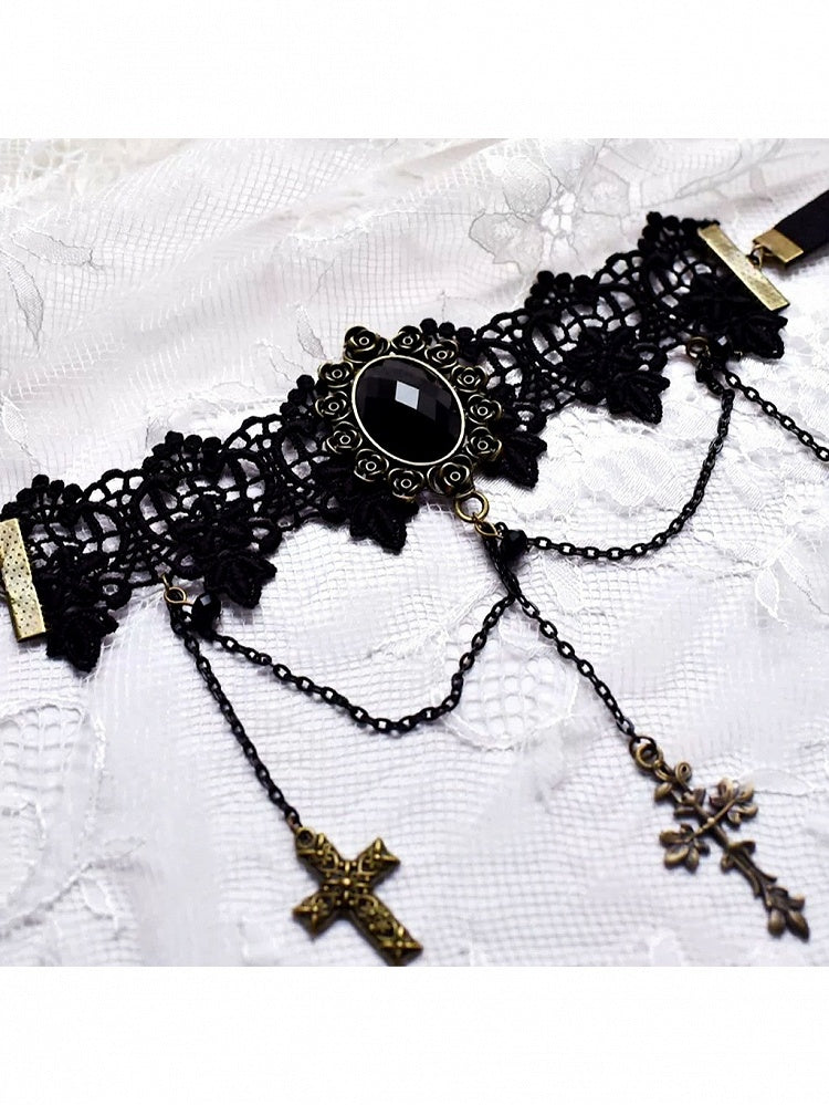 Gothic Rhinestone Lace Arm Cuff with Cross Motif - Mr. Cat