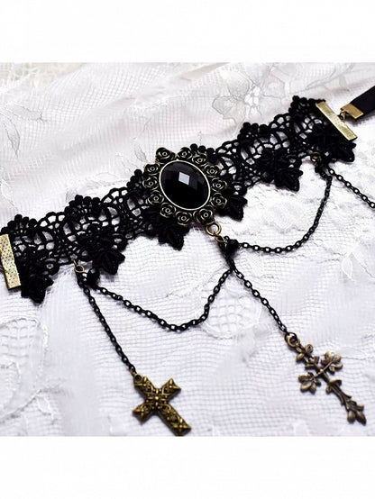 Gothic Rhinestone Lace Arm Cuff with Cross Motif - Mr. Cat