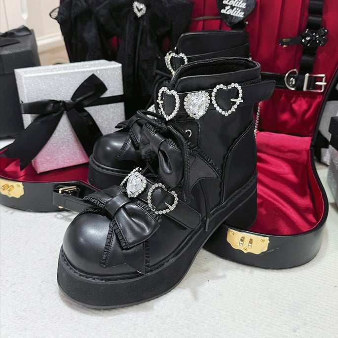 Lace-up with Jirai Buckles Rhinestones Platform Matte Boots Sweetheart Short Ankle Kei Black