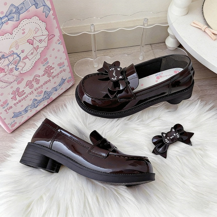 Heels School-style Shaped Heeled 4cm Brown in Bows PU Detachable Loafers Paw with Cat Kitten