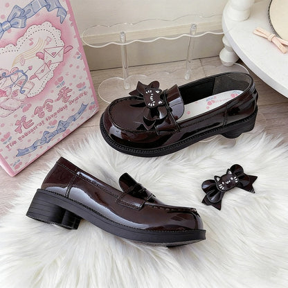 Heels School-style Shaped Heeled 4cm Brown in Bows PU Detachable Loafers Paw with Cat Kitten