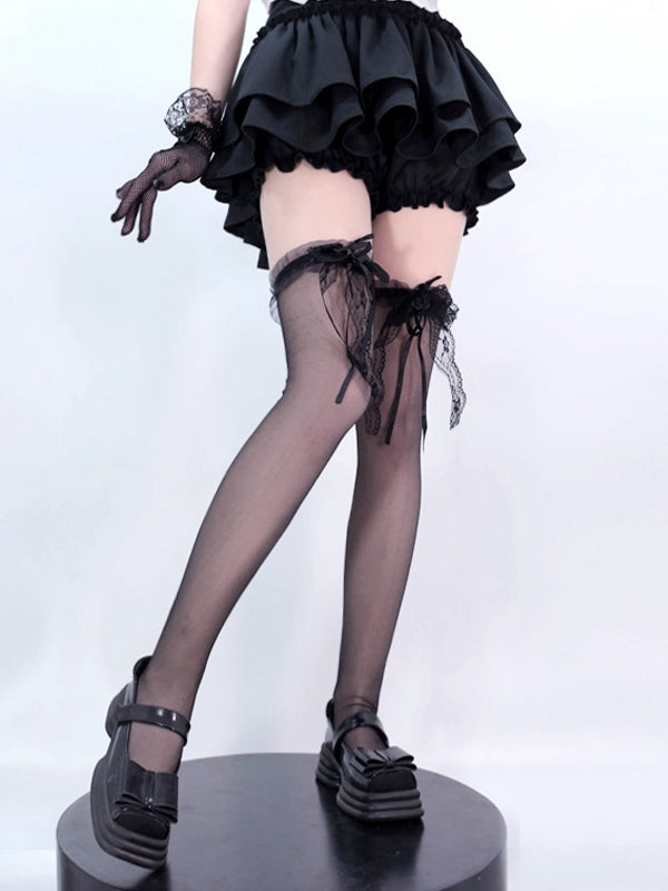 Schwarz/Weiße Overknee-Strümpfe mit Spitzenschleife an den Bündchen