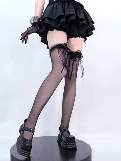 Schwarz/Weiße Overknee-Strümpfe mit Spitzenschleife an den Bündchen