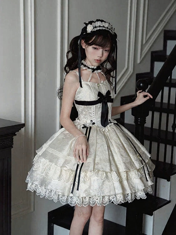 Apricot Lace-Trim JSK Dress with Black Bows - Die Die Zi