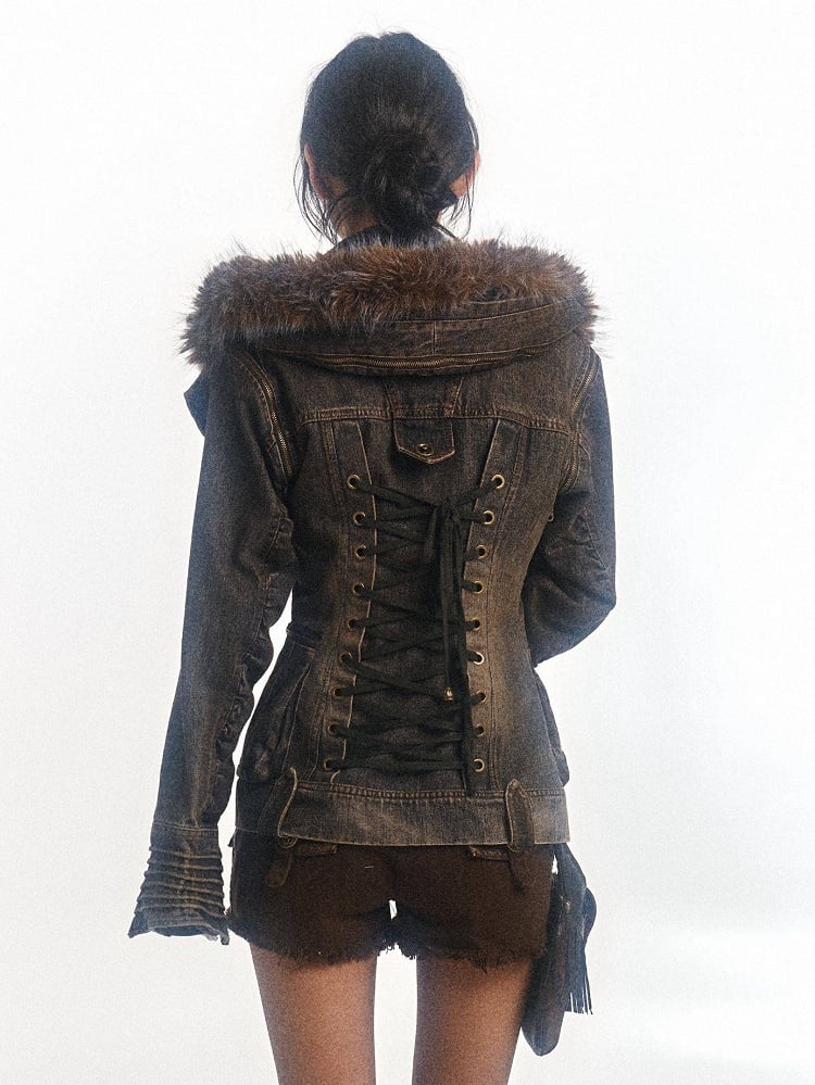 Trim Hooded Denim Grey Version Hood Detachable Brown Fur Jacket - Regular/Padded
