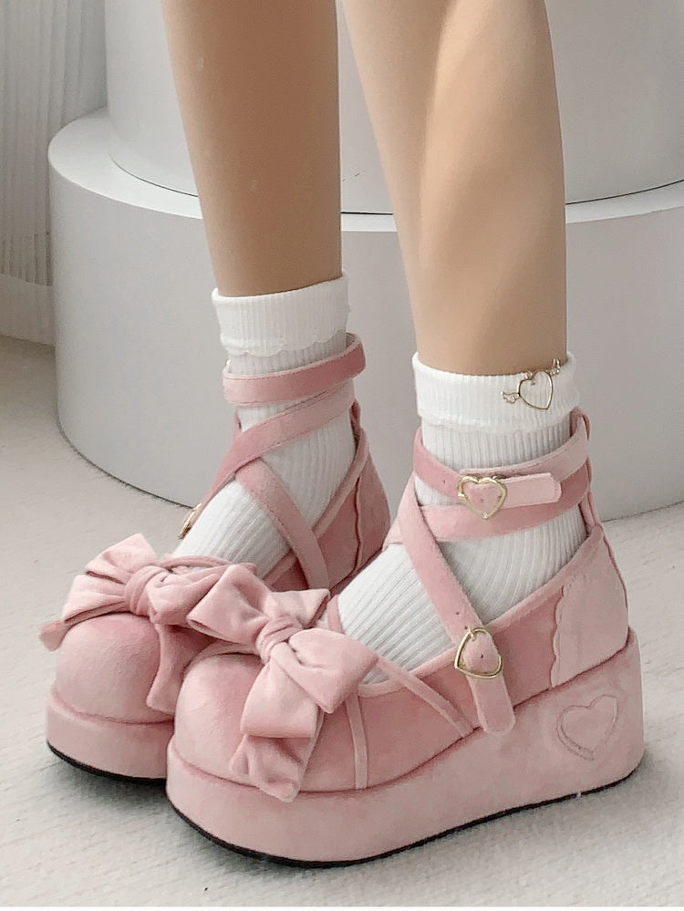 Accents Bow Pink Mary Janes - Lolita Platform Sweet Velvet