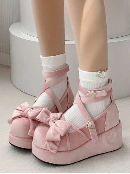 Accents Bow Pink Mary Janes - Lolita Platform Sweet Velvet