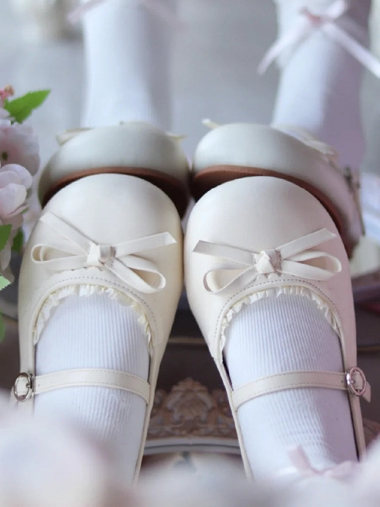 Lolita Beige with Matte Shoes Bow Flat Round Knotted Toe