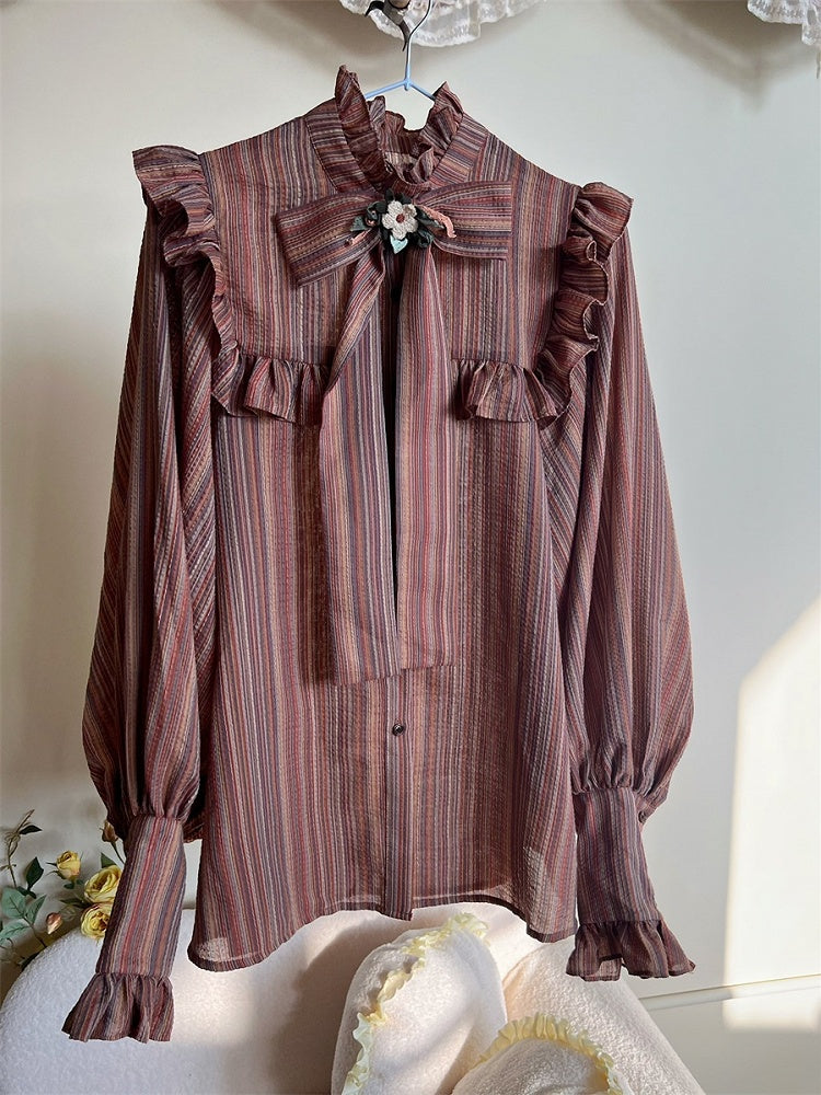Reddish Brown Striped Pattern Vintage  Bishop Sleeves Ruffle Trim Blouse