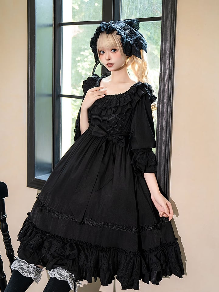 Lolita-Kleid Kuro, alle Ärmel, schwarz, hohe kurze Taille