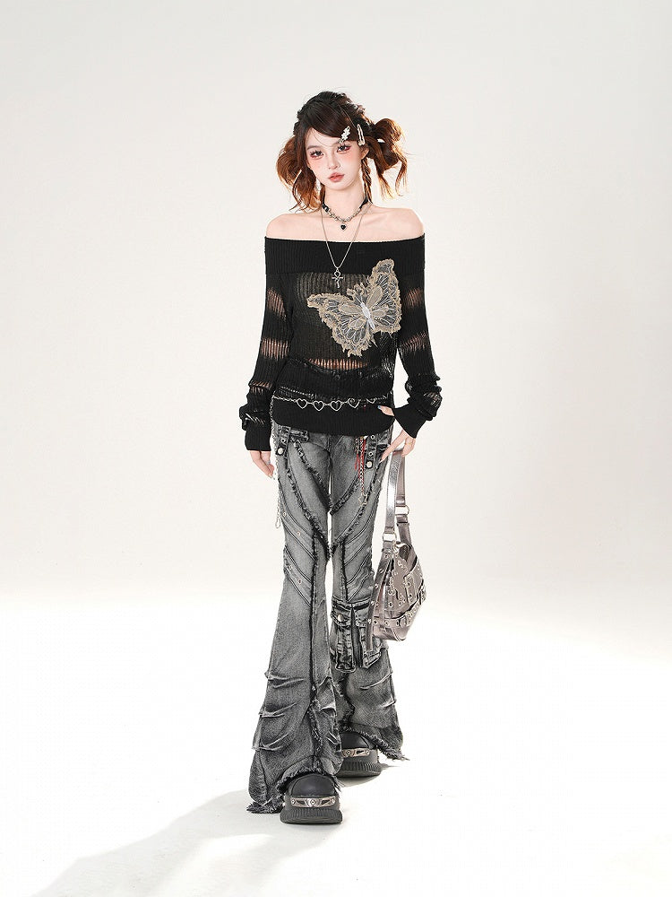 ウォッシュフレアジーンズ カーゴポケット 切りっぱなし裾 ダメージ加工 フェードブラック