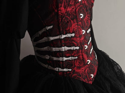 Red Rose Jacquard Gothic Corset with Skeleton Embroidery - The Morbid Observatory